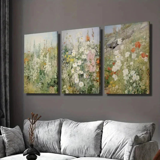 3pcs Vintage Spring Wildflower Field Wall Art Set Canvas Framed 40x60cm - High Quality Print 100% Australian Made Wall Canvas Ready to Hang