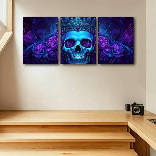 3pcs Gothic-Inspired Purple Roses & Blue Skull Metal Print Ready to Hang Art