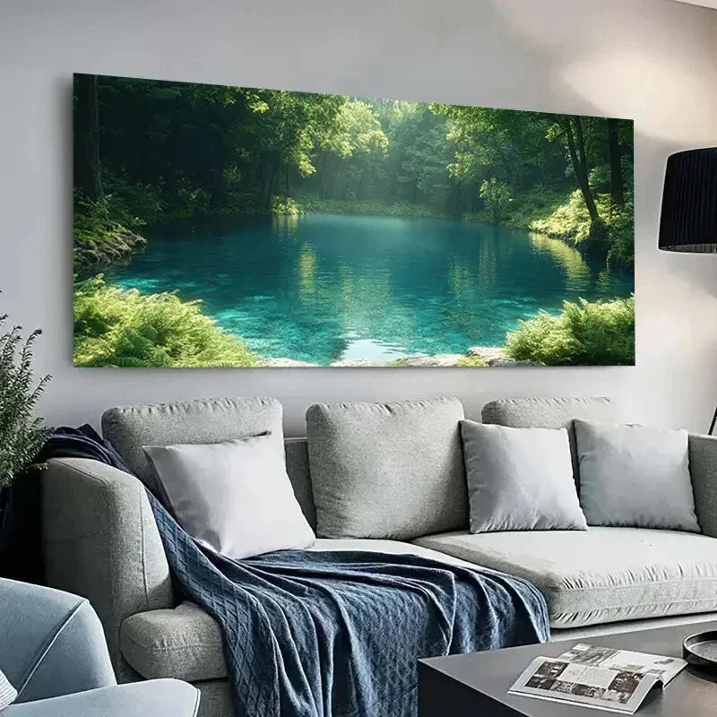 Summer Lake Vibrant Forest wall canvas office home room framed 80x45cm