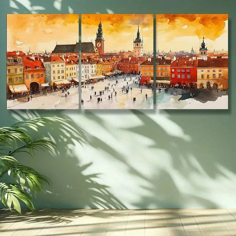 3pcs Warsaw, Poland Art Painting Metal Print Ready to Hang Art
