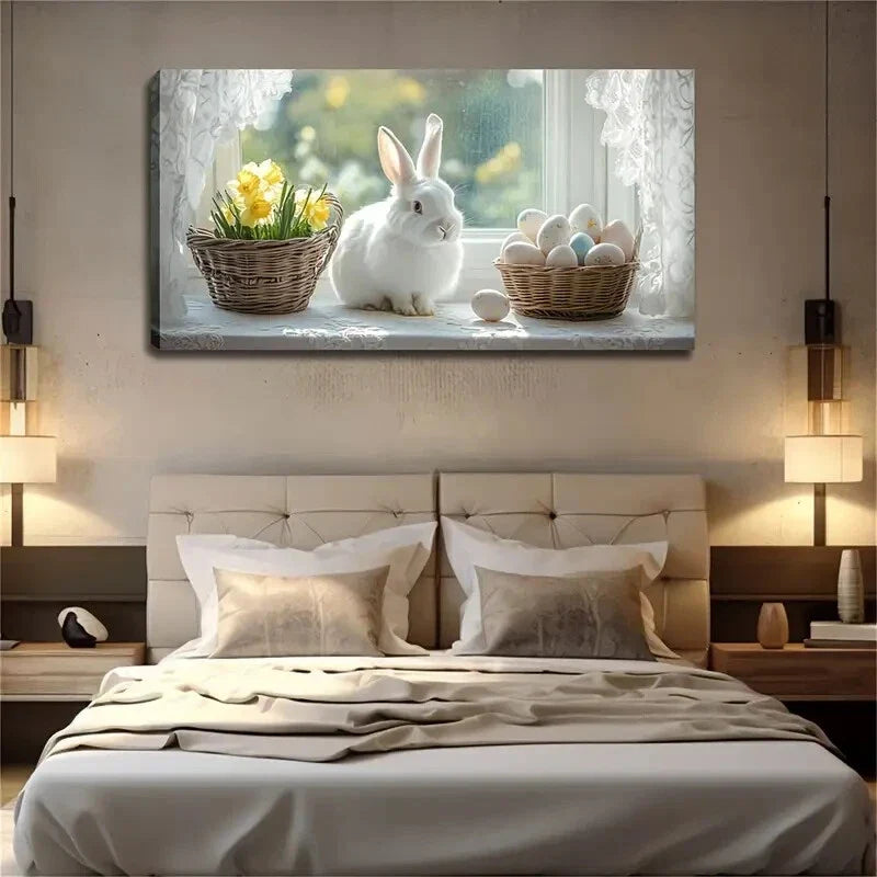 White Rabbit Easter Eggs Flower Wall Art Canvas Office Home Room Framed 120x60cm