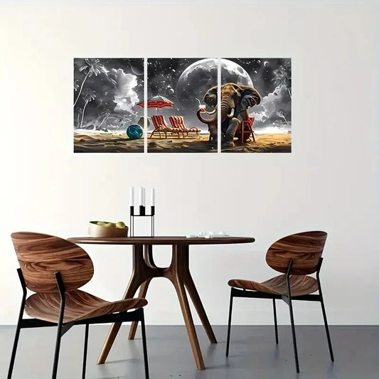 3pcs Fantasy Beach Elephant Pictures Metal Print Ready to Hang Art