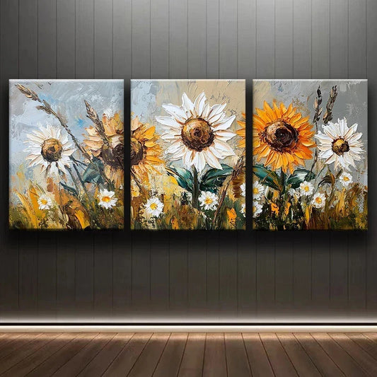 3pcs Abstract Charming Sunflower Yellow & White Metal Print Ready to Hang Art