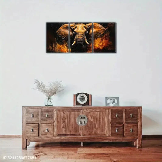 3pcs Vibrant African Elephant Style Oil Paintings Metal Print Ready to Hang Art