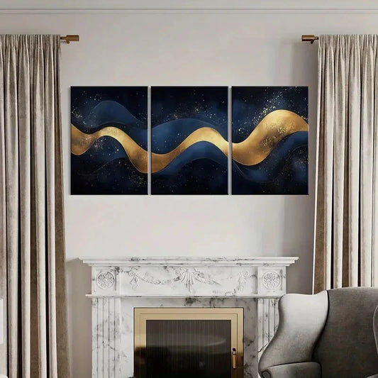 3pcs Golden Waves, Dark Sky Metal Print Ready to Hang Art