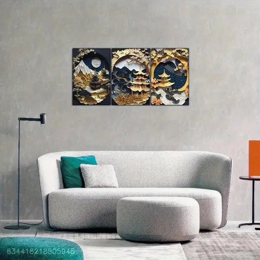 3pcs Kintsugi Japan Golden, Japanese Metal Print Ready to Hang Art