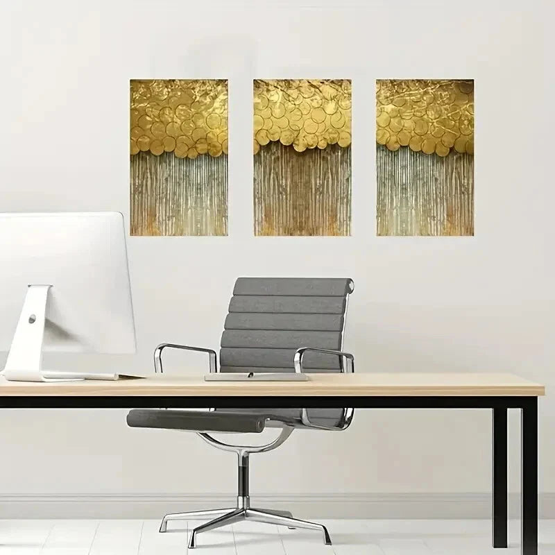 3pcs  Nordic Abstract Golden Gold Lines  Metal Print Ready to Hang Art