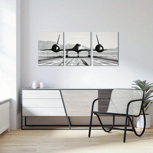 3pcs Black and White Airplane Military Aircraft Metal Print Ready to Hang Art
