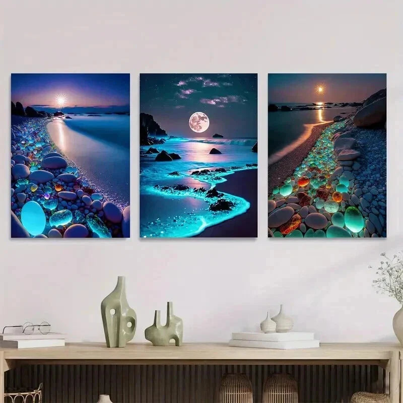 3pcs Beach Moonlight Sunset and Starry Sky Wall Art Set Canvas Framed 40x60cm - High Quality Print 100% Australian Made Wall Canvas Ready to Hang