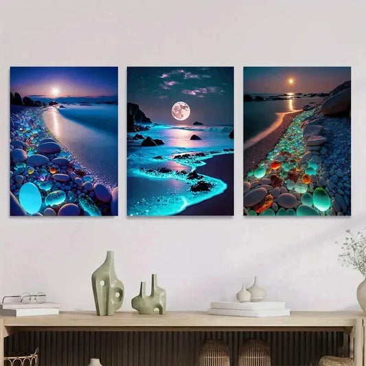 3pcs Beach Moonlight Sunset and Starry Sky Wall Art Set Canvas Framed 40x60cm - High Quality Print 100% Australian Made Wall Canvas Ready to Hang