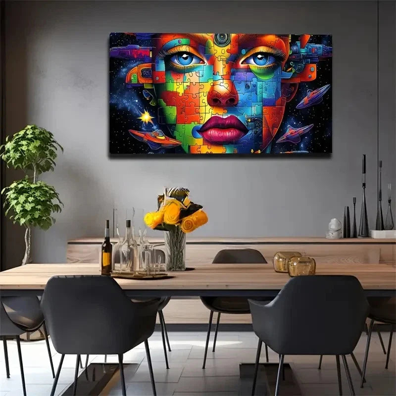 Abstract Puzzle Face Design Wall Art Canvas Office Home Room Framed 120x60cm