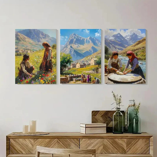 3pcs Vibrant Village Life & Nature Scenes Metal Print Ready to Hang Art