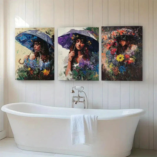 3pcs Women Umbrella & Flower Portraits Perfect Wall Art Set Canvas Framed 40x60cm - High Quality Print 100% Australian Made Wall Canvas Ready to Hang