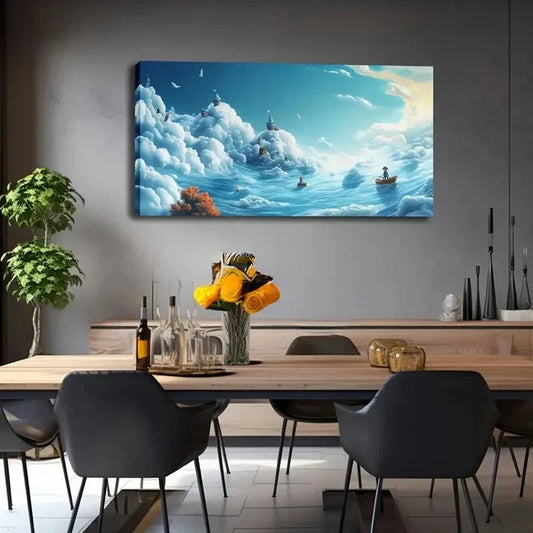 Whimsical Cloud-Stacking Island Wall Art Canvas Office Home Room Framed 120x60cm