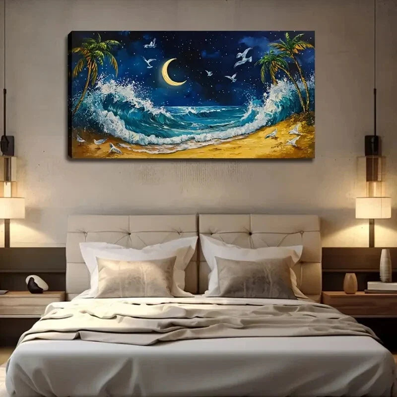 Moonlit Beach Scene With Waves Wall Art Canvas Office Home Room Framed 120x60cm