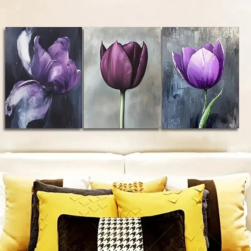 3pcs Elegant Purple Tulip Waterproof Wall Art Set Canvas Framed 40x60cm - High Quality Print 100% Australian Made Wall Canvas Ready to Hang