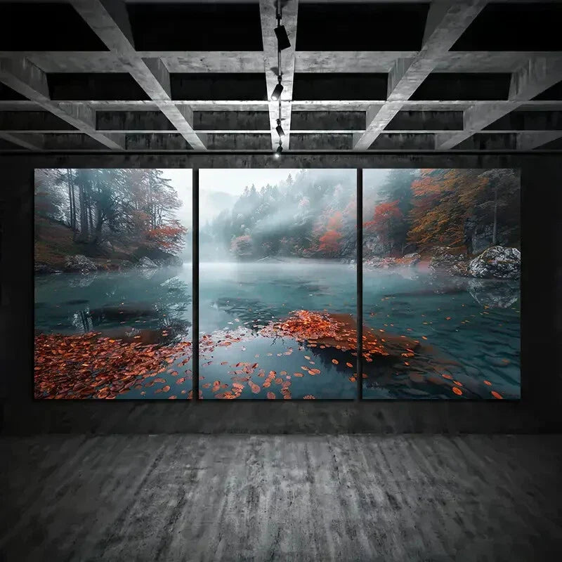 3pcs Beautiful Lake In The Center Autumn Forest Metal Print Ready to Hang Art