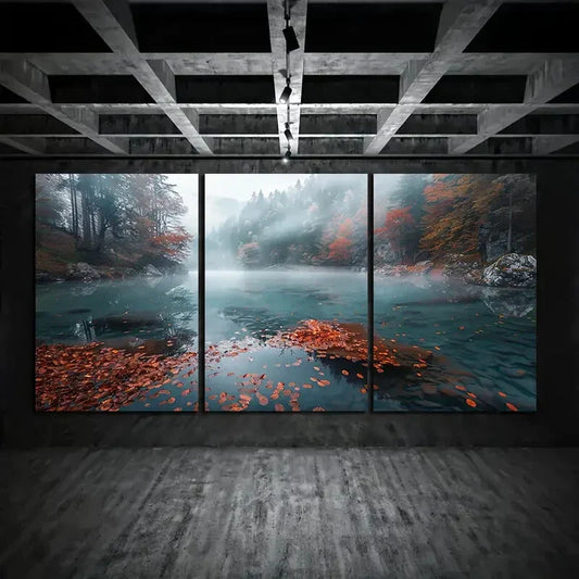 3pcs Beautiful Lake In The Center Autumn Forest Metal Print Ready to Hang Art