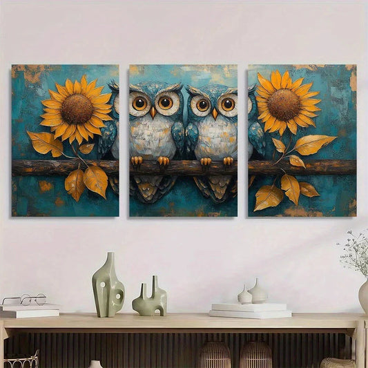 3pcs Owl Family with Sunflower Vibrant Blue Metal Print Ready to Hang Art