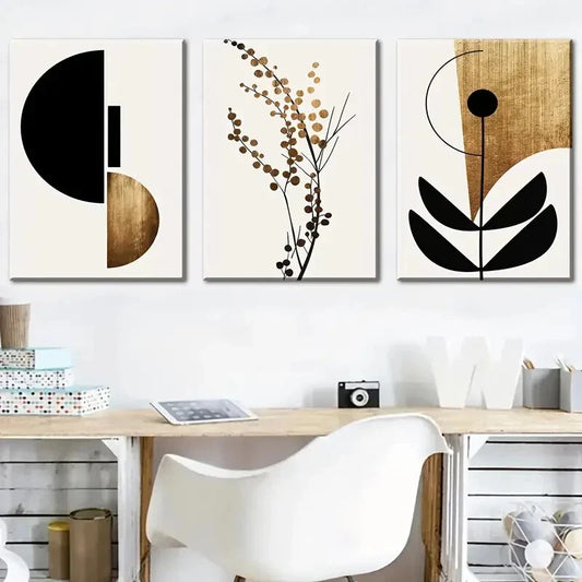 3pcs Minimalist Geometric with Black, Brown & Gold Metal Print Ready to Hang Art