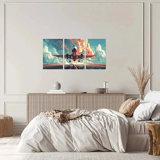 3pcs  Red Airplane with White Clouds  Metal Print Ready to Hang Art