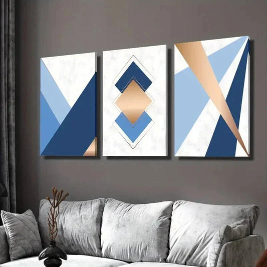 3pcs Blue Gold Geometric Abstract Design Wall Art Set Canvas Framed 40x60cm - High Quality Print 100% Australian Made Wall Canvas Ready to Hang