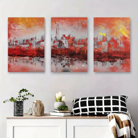 3pcs Vibrant Urban Landscape, Modern Abstract Metal Print Ready to Hang Art