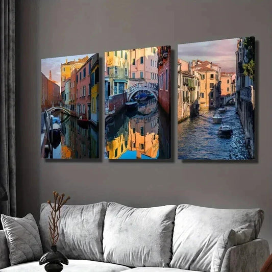 3pcs Vibrant Italian Buildings & Boats Wall Art Set Canvas Framed 40x60cm - High Quality Print 100% Australian Made Wall Canvas Ready to Hang