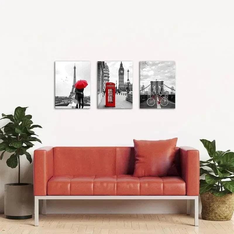 3pcs Romantic Couple, London Bicycle, Big Ben Metal Print Ready to Hang Art
