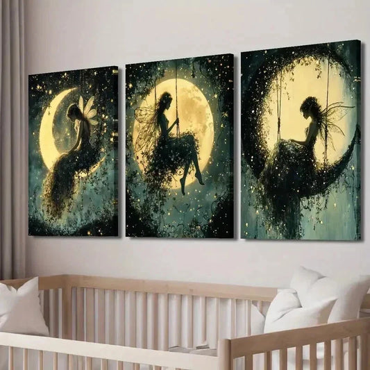 3pcs Night Time with Glowing Moon & Stars Wall Art Set Canvas Framed 40x60cm - High Quality Print 100% Australian Made Wall Canvas Ready to Hang