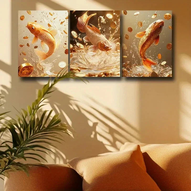 3pcs Modern Golden Carp Design Metal Print Ready to Hang Art