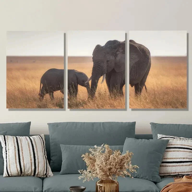 3pcs Wildlife, Elephant and Baby Elephant Metal Print Ready to Hang Art