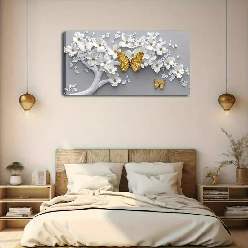 White Flower Golden Butterflies Wall Art Canvas Office Home Room Framed 120x60cm