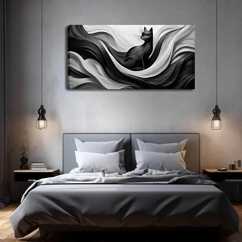 Smooth Line Style Of Black Cat Wall Art Canvas Office Home Room Framed 120x60cm