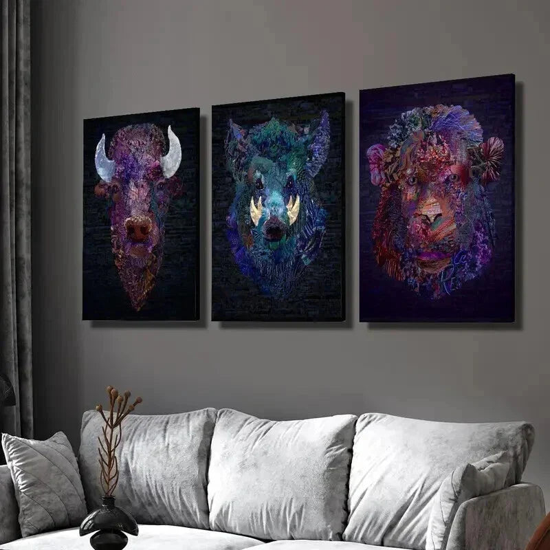 3pcs The Heads of Bulls Boars and Monkeys Wall Art Set Canvas Framed 40x60cm - High Quality Print 100% Australian Made Wall Canvas Ready to Hang