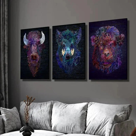 3pcs The Heads of Bulls Boars and Monkeys Wall Art Set Canvas Framed 40x60cm - High Quality Print 100% Australian Made Wall Canvas Ready to Hang