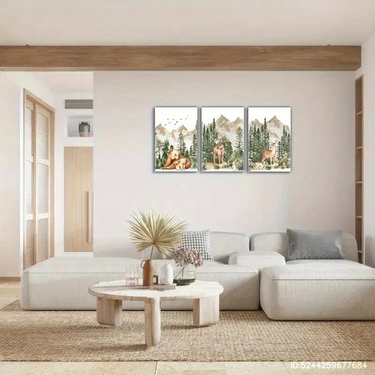 3pcs Forest Scene with Bears Deer Mountains Metal Print Ready to Hang Art