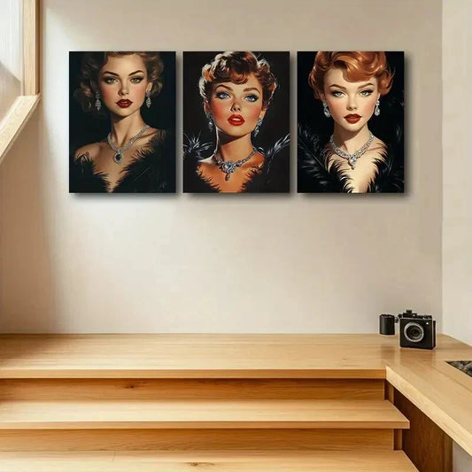 3pcs Elegant Black Swan Goddess with Jewelry Metal Print Ready to Hang Art