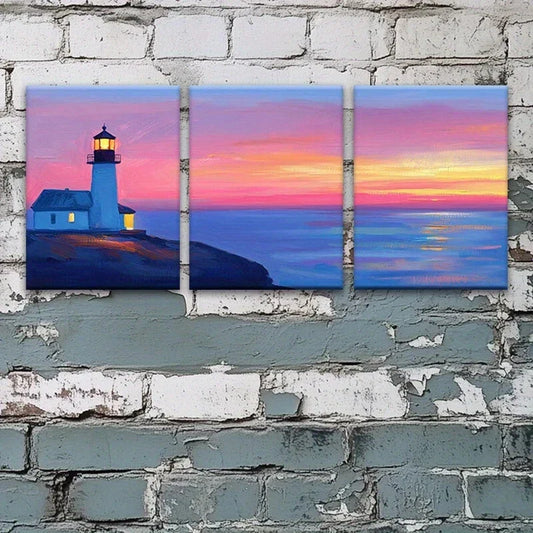 3pcs Sunset Lighthouse Coastal Peaceful Metal Print Ready to Hang Art