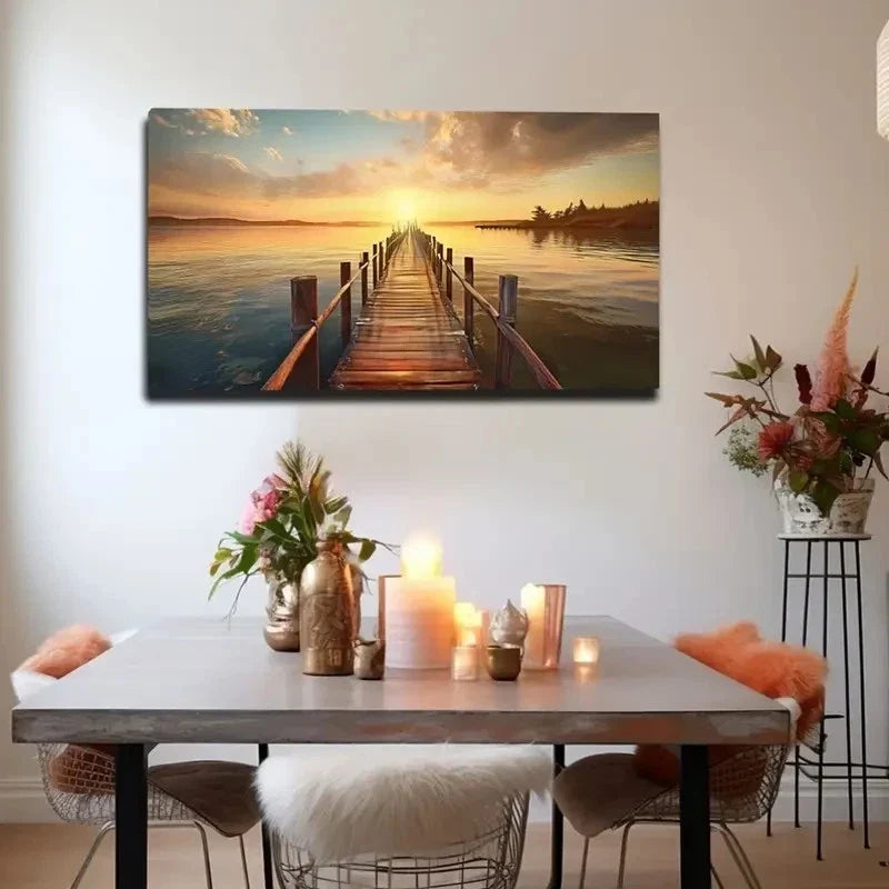 Dusk Lake And Vintage Bridge Wall Art Canvas Office Home Room Framed 80x45cm