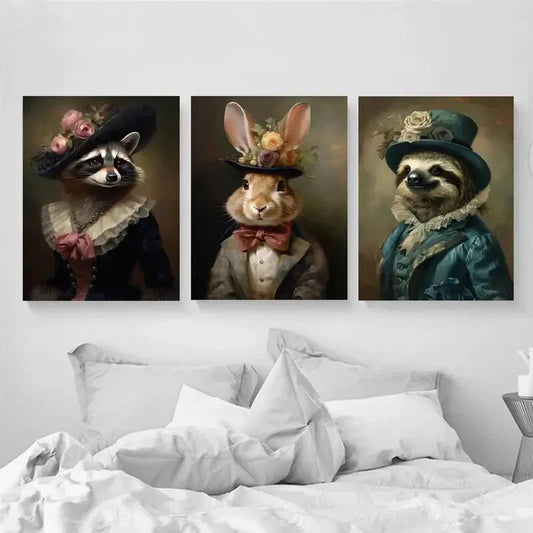 3pcs Victorian Animal Portrait Royal Animal Metal Print Ready to Hang Art