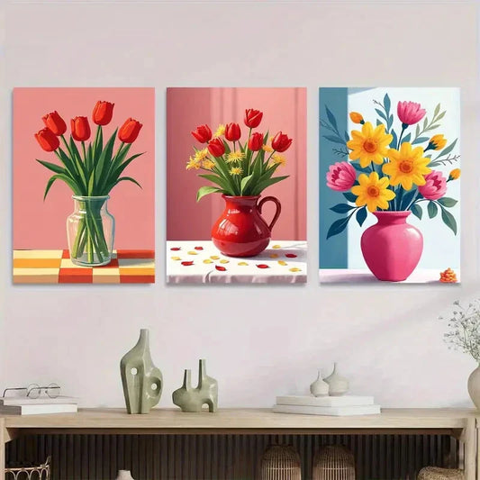3pcs Beautiful Tulip and Sunflower Bouquet Metal Print Ready to Hang Art