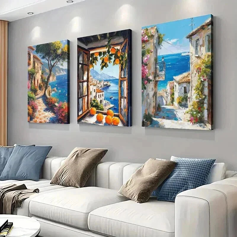 3pcs Mediterranean Orange Windows Wall Art Set Canvas Framed 40x60cm - High Quality Print 100% Australian Made Wall Canvas Ready to Hang