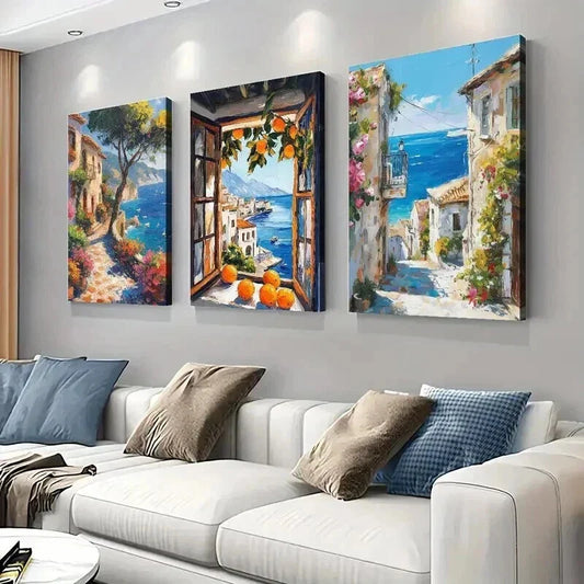 3pcs Mediterranean Orange Windows Wall Art Set Canvas Framed 40x60cm - High Quality Print 100% Australian Made Wall Canvas Ready to Hang