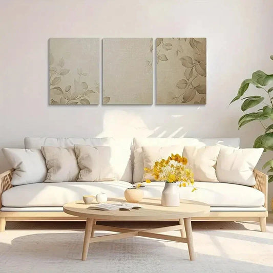 3pcs Beige-Colored Floral and Plant Design Metal Print Ready to Hang Art