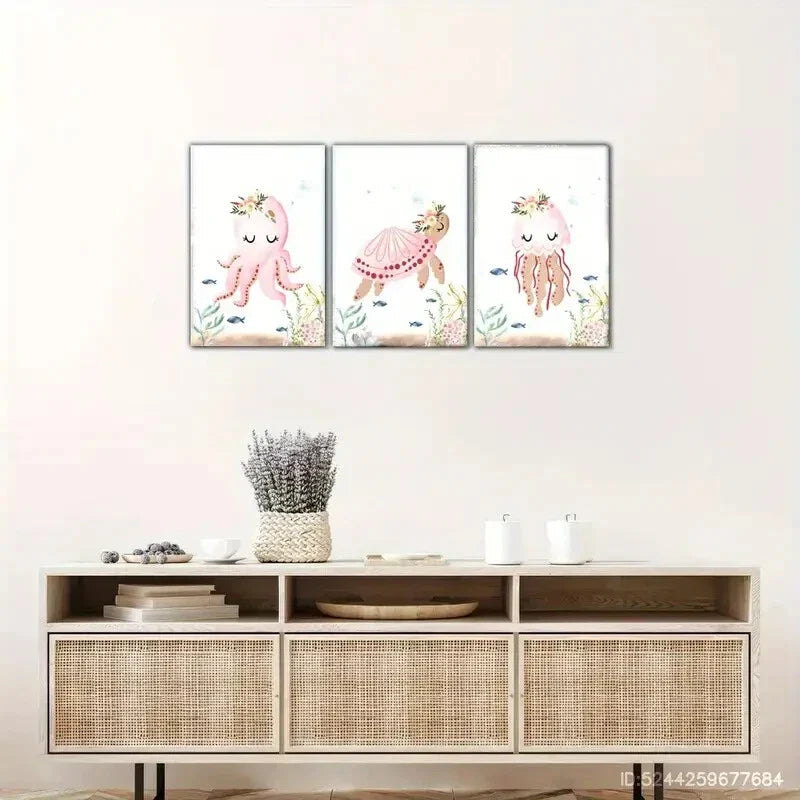 3pcs Underwater Animals Octopus and Turtle Metal Print Ready to Hang Art