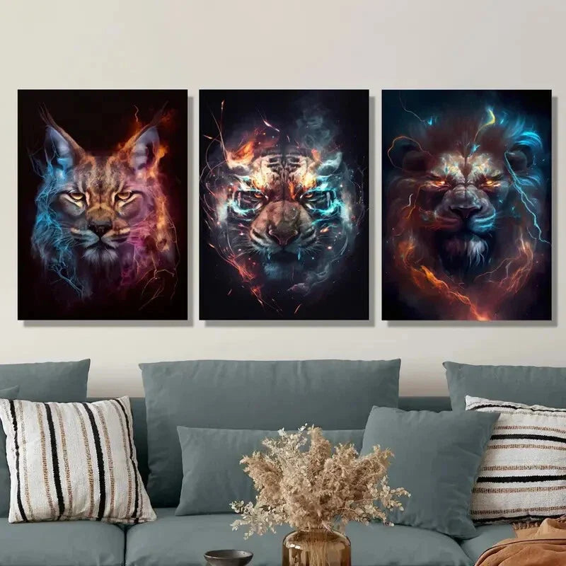 3pcs Fantasy Tiger, Lynx, Lion with Lightning, Metal Print Ready to Hang Art