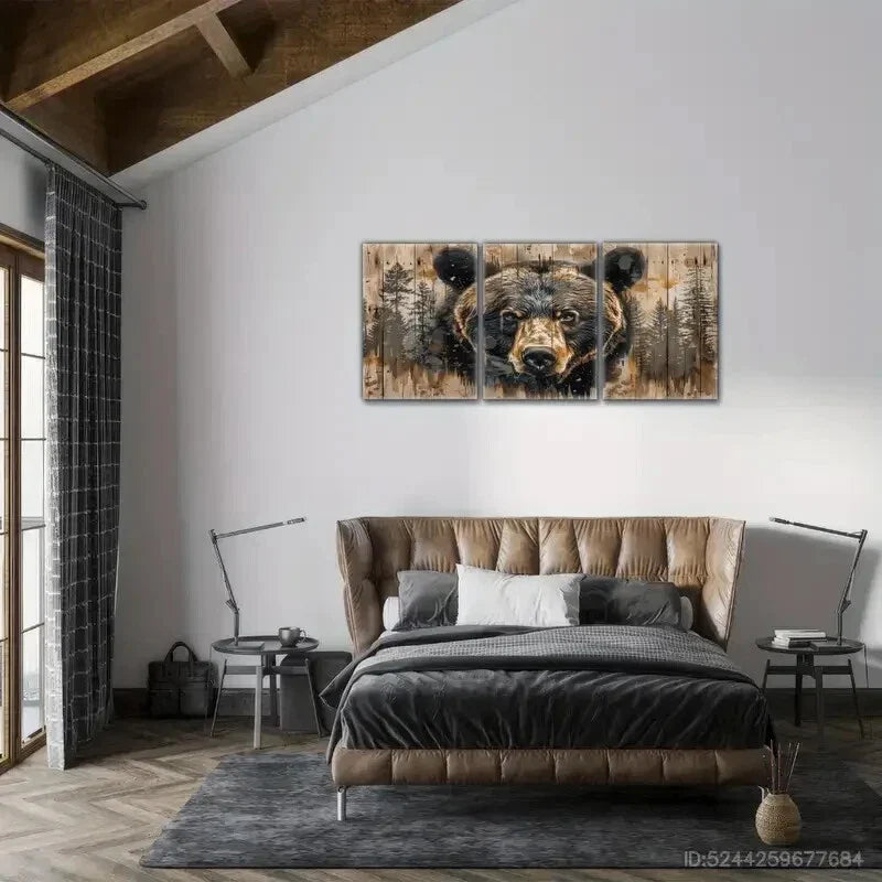 3pcs Grizzly Bear Wall Painting Animal Portrait Metal Print Ready to Hang Art