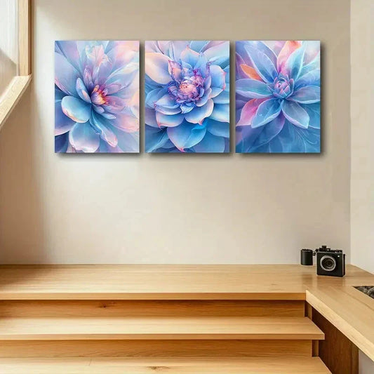 3pcs Luxurious Blue, Pink & Orange Flower Metal Print Ready to Hang Art