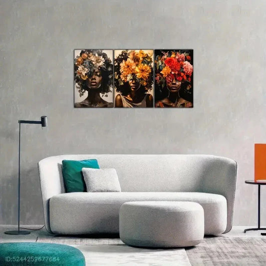 3pcs Beautiful Girl with Flowers on Her Head Metal Print Ready to Hang Art